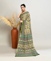 Cream-Green Pure Bagru Kalamkari Printed  Sico Chanderi Saree